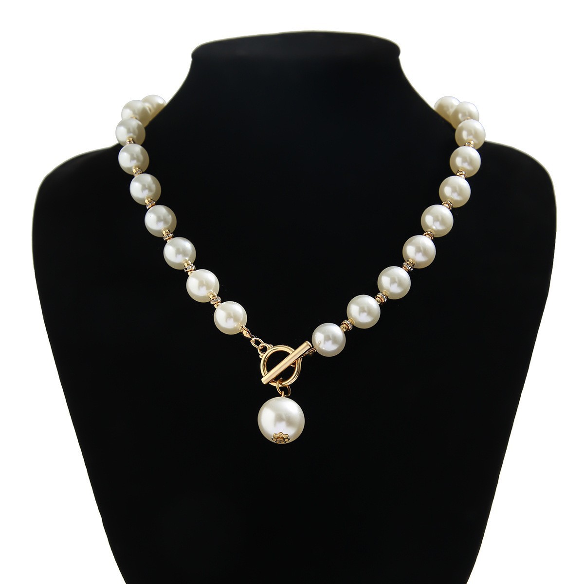European and American cross-border accessories with a cold and elegant style, slightly inlaid round bead necklace necklace imitation pearl necklace set for women details Picture