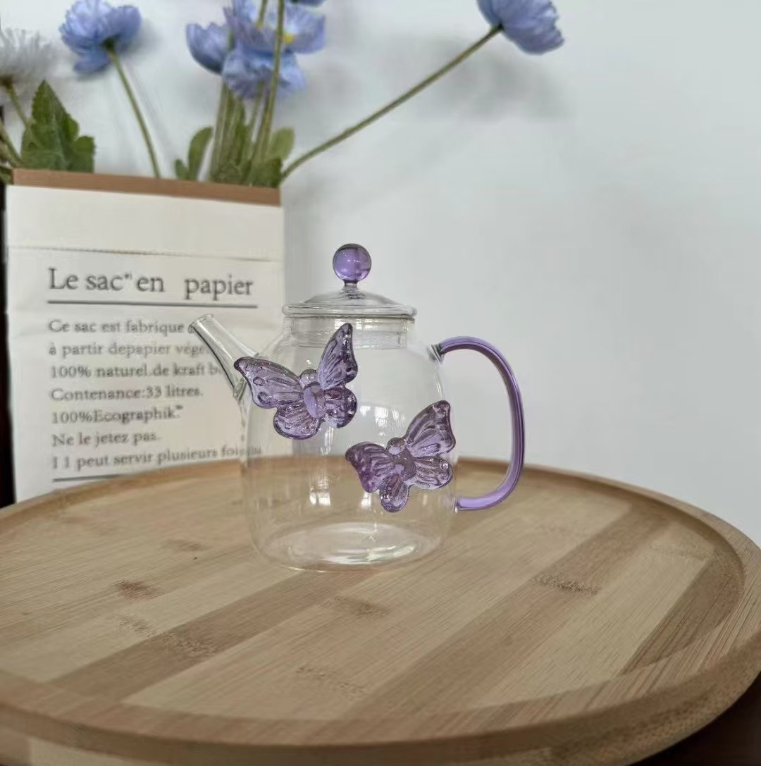 "Teenage Heart Butterfly Teapot, high borosilicate heat-resistant glass cup, Fairy style tea set, high-temperature resistant brewing teapot, creative design. Specification drawing