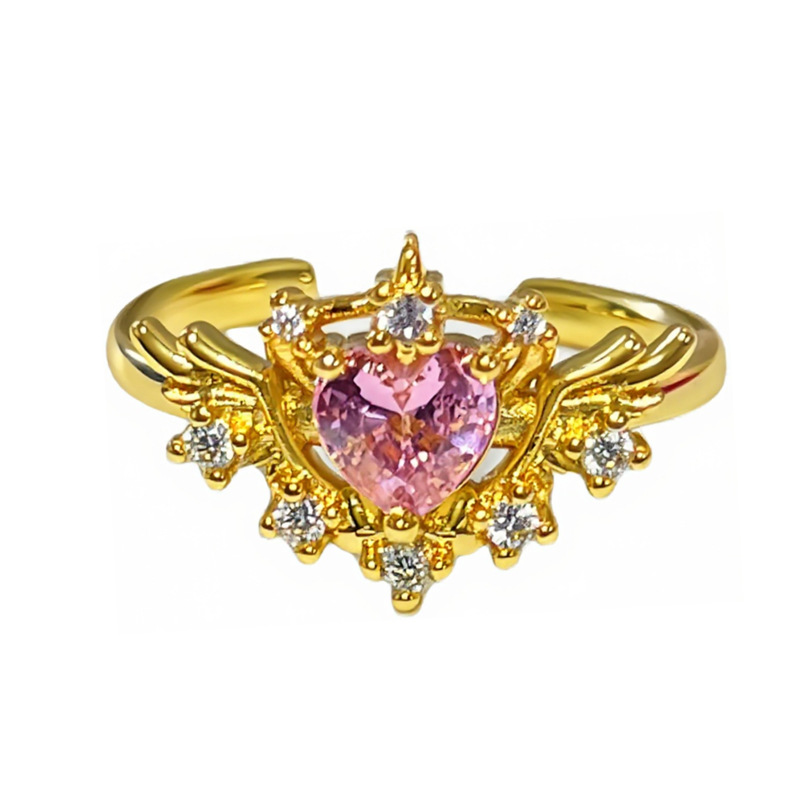 A high-end pink diamond heart-shaped zircon angel wing ring, a women's crown, a unique and sweet layered fashionable and light luxury ring Item Picture