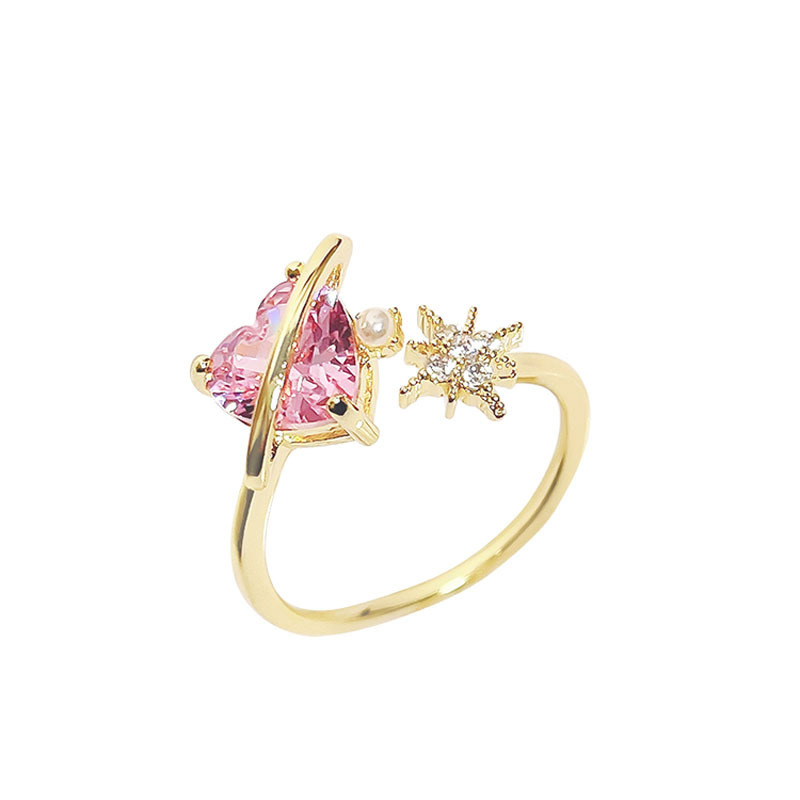 Japanese-style cute heart-shaped pink zircon ring, elegant, light luxury, niche and sweet girl's open index finger ring Item Picture