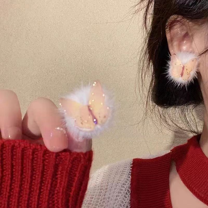 Elf Earrings ~ New cute plush colorful butterfly stud earrings for autumn and winter, a high-end, niche design for women on Instagram Specification drawing