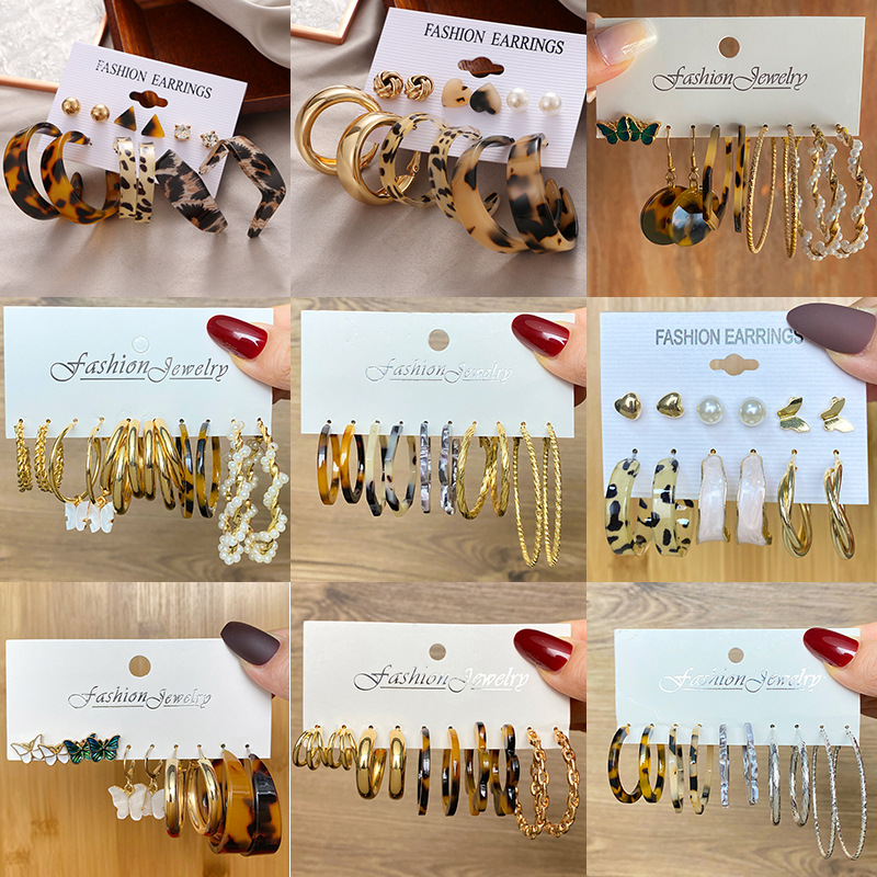 A new cross-border retro C-shaped earring set of 6 pairs of creative and personalized oil-dripping leopard print earrings and heart-shaped butterfly earrings Specification drawing