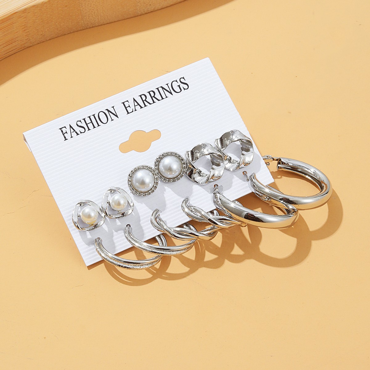 A 6-piece set of European and American cross-border pearl-inlaid geometric women's earrings, retro French gold ear rings and stud earrings for women details Picture