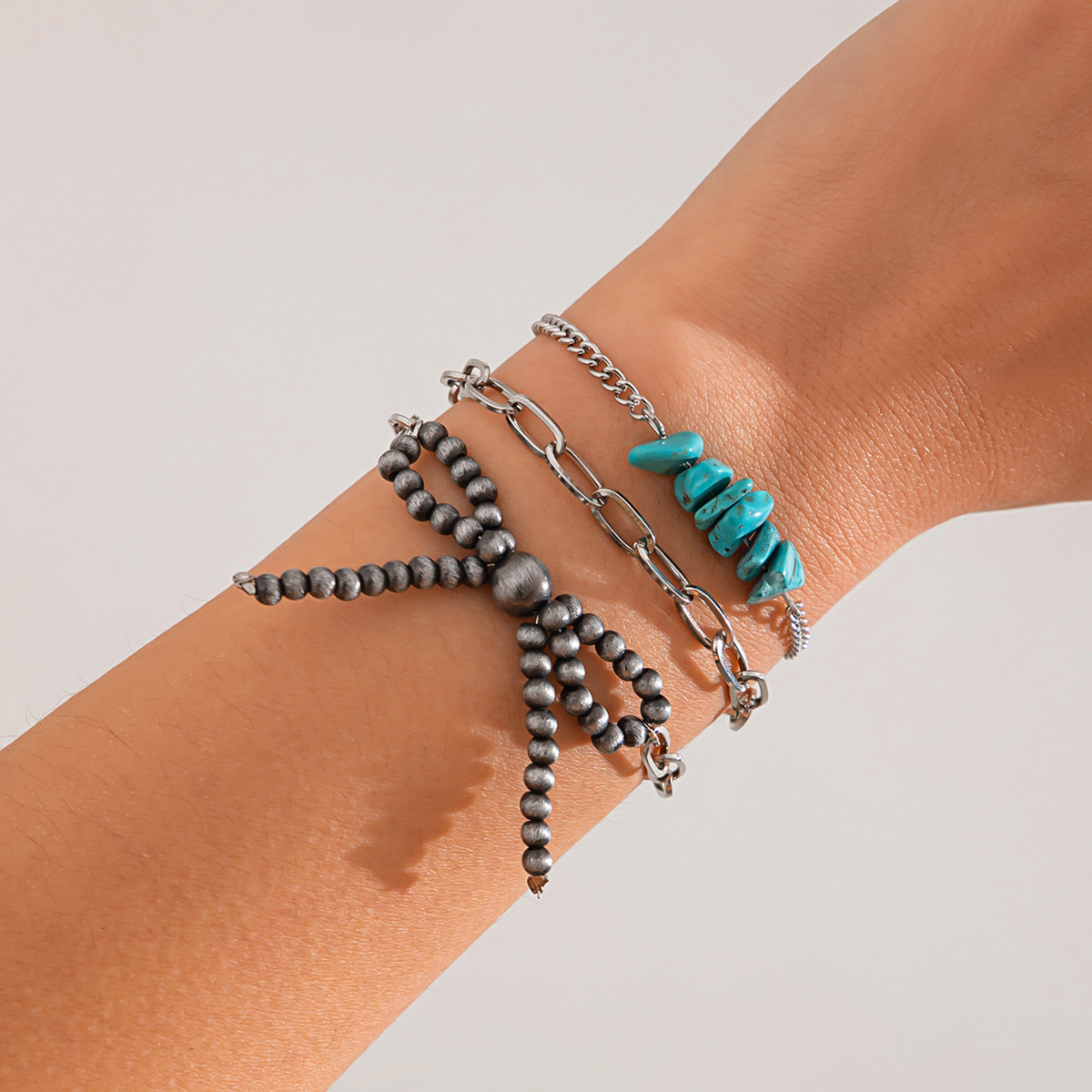 European and American cross-border jewelry, Bohemian bow, beaded pendant, collarbone chain, turquoise, Western cowboy necklace Specification drawing