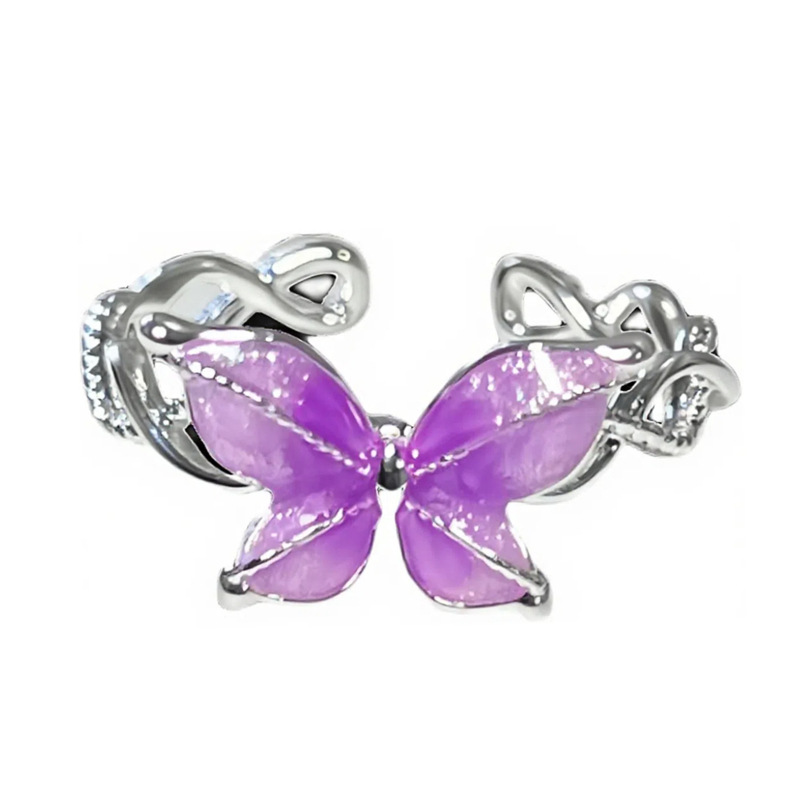 A super sweet and ethereal taro and violet gradient flower style open ring for women, a simple and versatile silver ring Item Picture