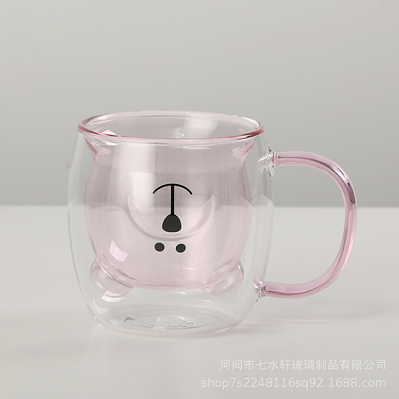 Household glass cups with handles, double-layered cups, bear glass cups with handles, bear cups, coffee cups, breakfast cups, crystals details Picture