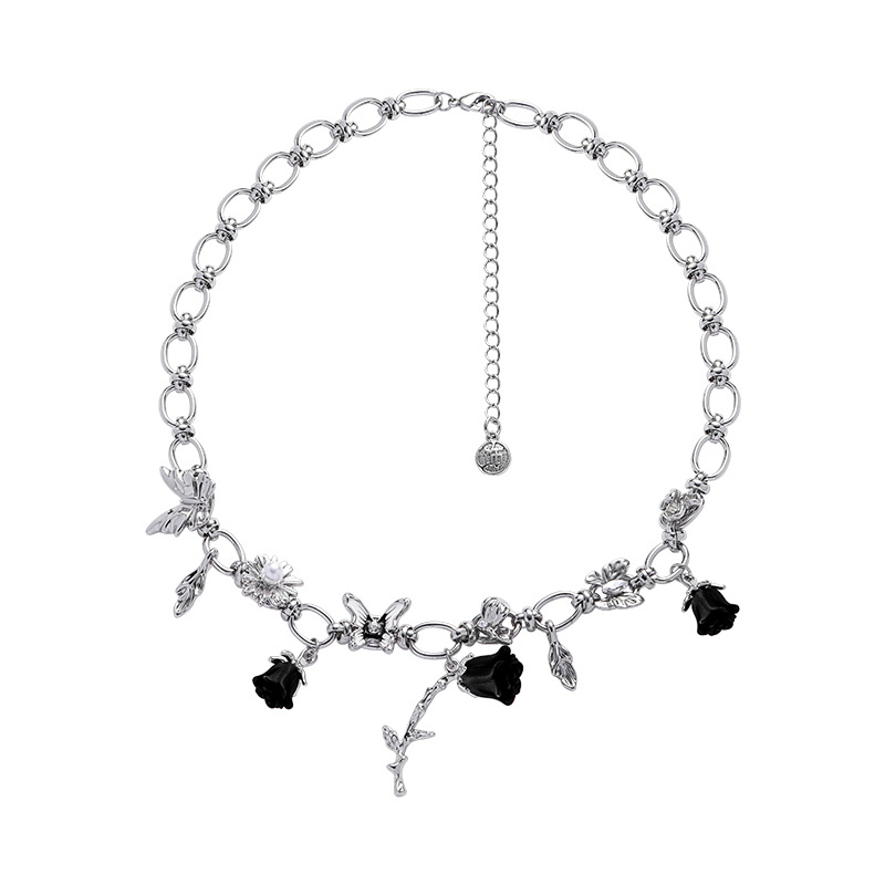 Original butterfly oil-dripping rose necklace for women's fashion, versatile pendant, collarbone chain, cold style, high-quality accessory Item Picture