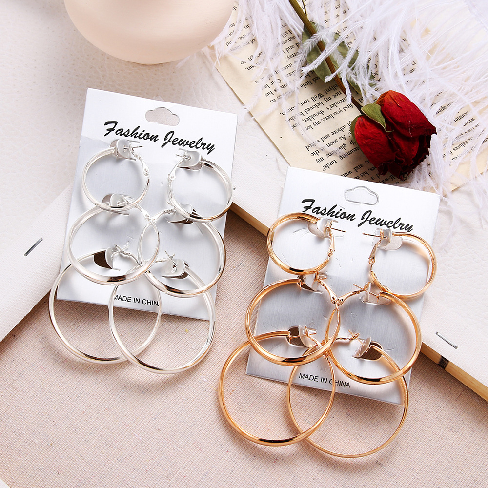 Korean jewelry world cross-border earrings from Europe and America, punk exaggerated personality, smooth circle 3-pair earring set details Picture