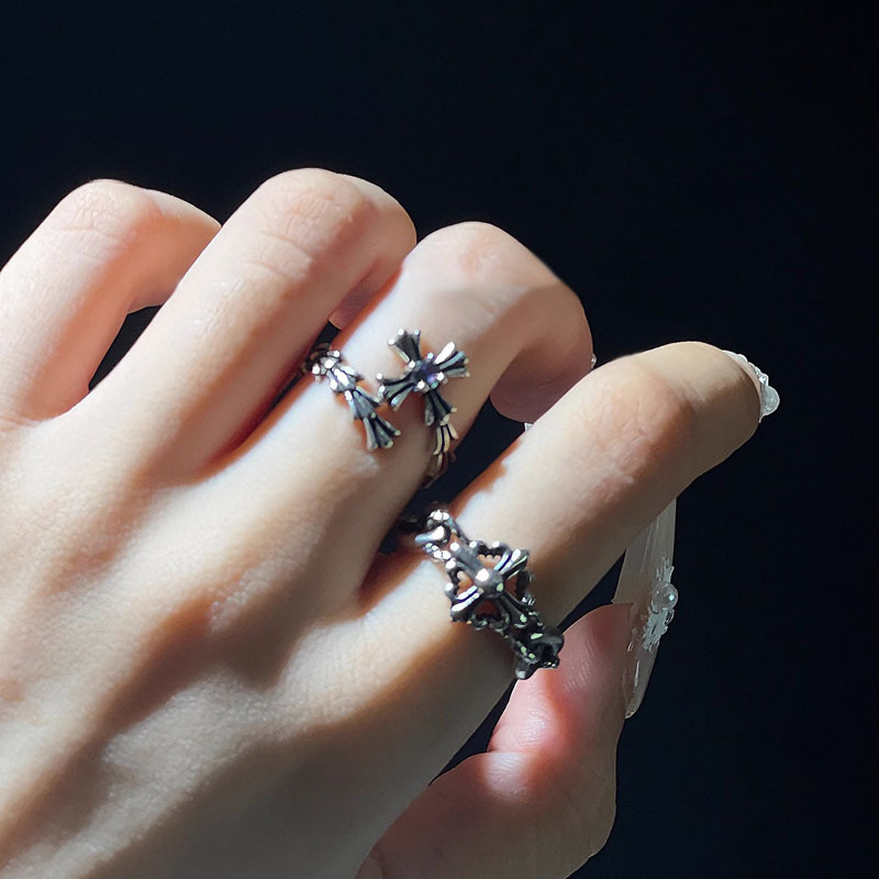 European and American niche design retro punk cross diamond-encrusted trendy open ring, dark style couple food ring for women details Picture