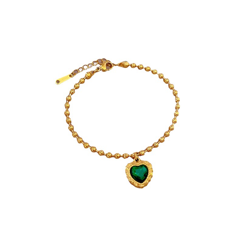 【 All-titanium Steel 】 Dongdaemun's unique and elegant green heart-shaped round bead bracelet, a retro gift for female Internet celebrities and best friends Item Picture
