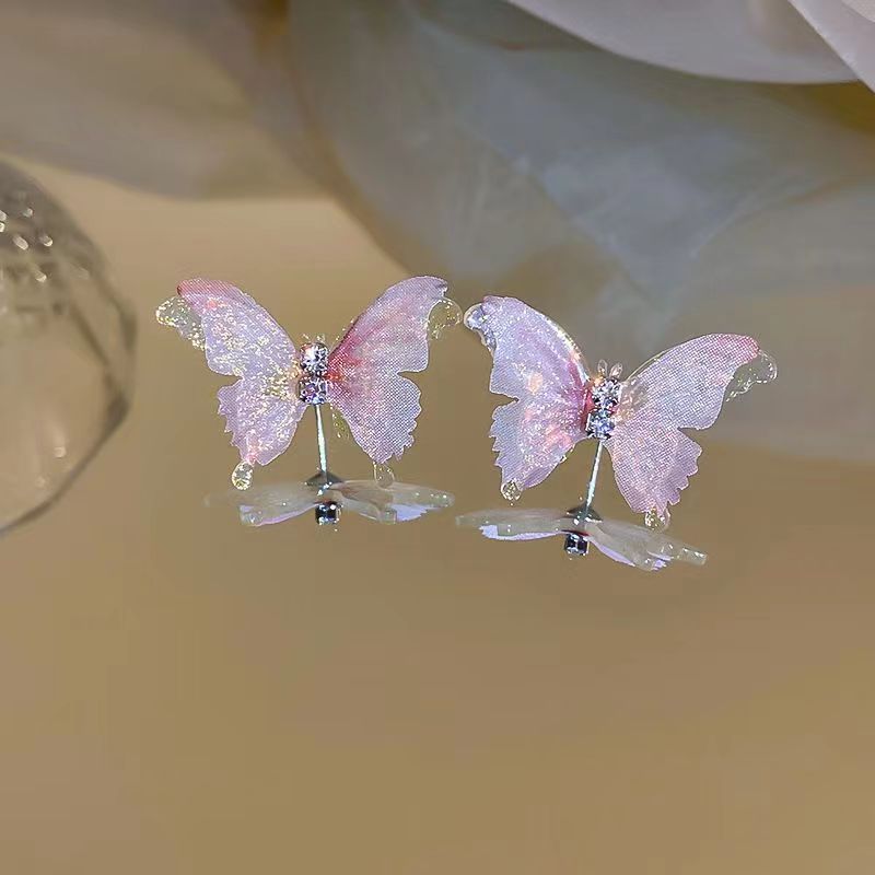 s925 Super Ethereal and iridescent Double-layer mesh butterfly Stud Earrings for Women, dreamy and fresh girl earrings, versatile and popular online earrings details Picture