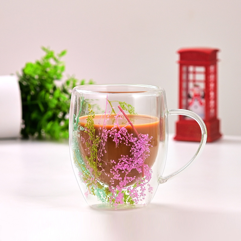 Creative and simple double-layer glass cup, high appearance level, high-temperature resistant, household breakfast cup, souvenir, universal dried flower water cup details Picture