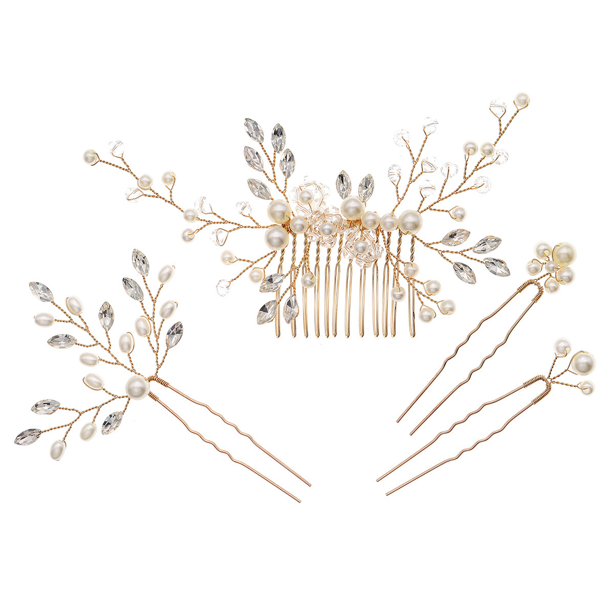 Cross-border bride headwear set, rhinestone and pearl hairpins, hair combs, European and American wedding hair accessories, U-shaped pins, hair coils, hair combs Item Picture