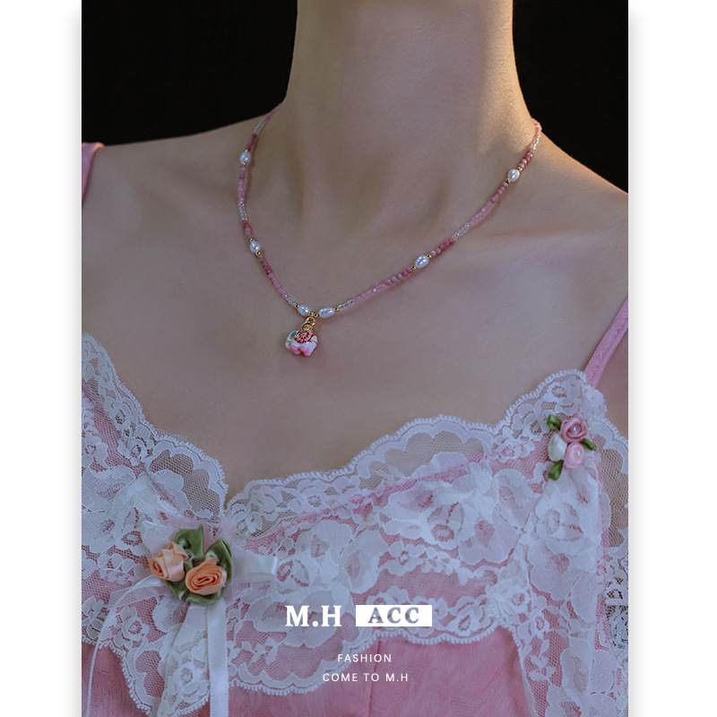 Sweet pink elephant pendant beaded necklace for women, natural pearl collarbone chain, fashionable, versatile and niche new accessory details Picture
