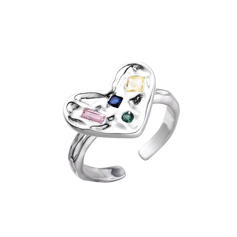 Irregular heart-shaped color diamond tin foil texture open ring, women's light luxury, niche, ins simple and high-end style index ring Item Picture