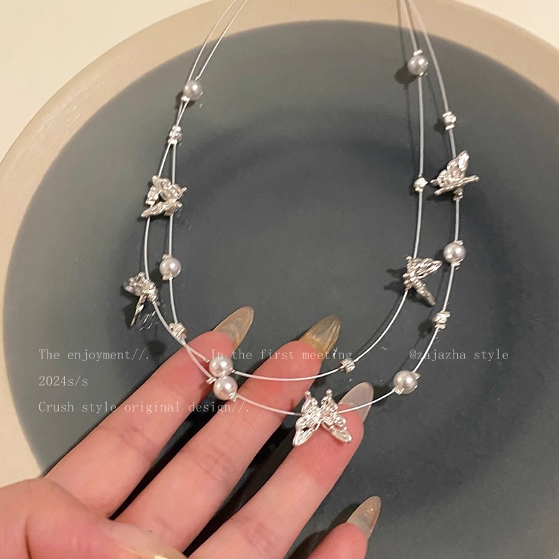 New double-layer butterfly pearl necklace for women with a light luxury and niche design collarbone chain 2024 new style Application Scenario