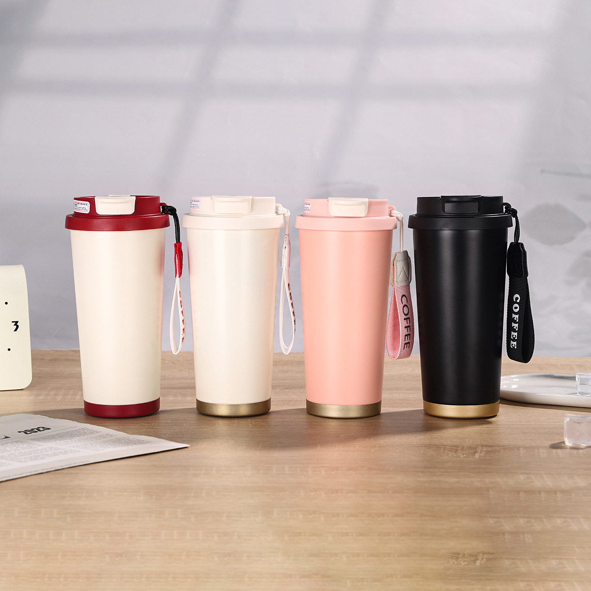 Cross-border Lily of the valley coffee cup, 316 stainless steel vacuum lifting rope double-drinking insulated cup, business straw gift cup full figure