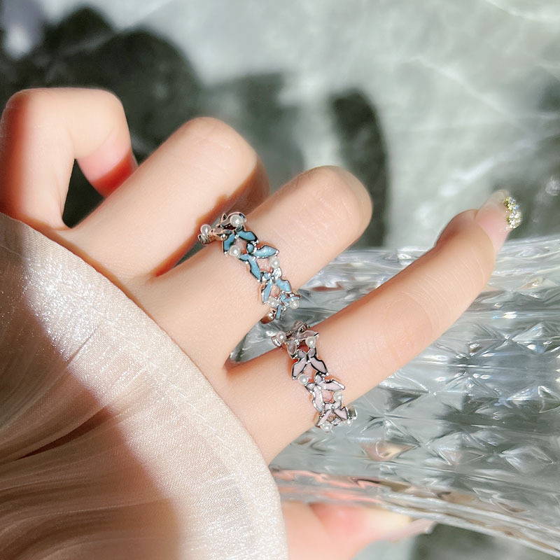 Summer forest-themed drip-glazed butterfly pearl inlaid elegant open ring, a cold and feminine style, unique and versatile ring full figure