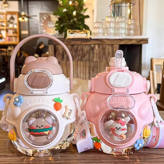 Children's trendy insulated cup with double drinking spout, hugging bear water cup, cute and creative, summer travel, large capacity travel strap details Picture
