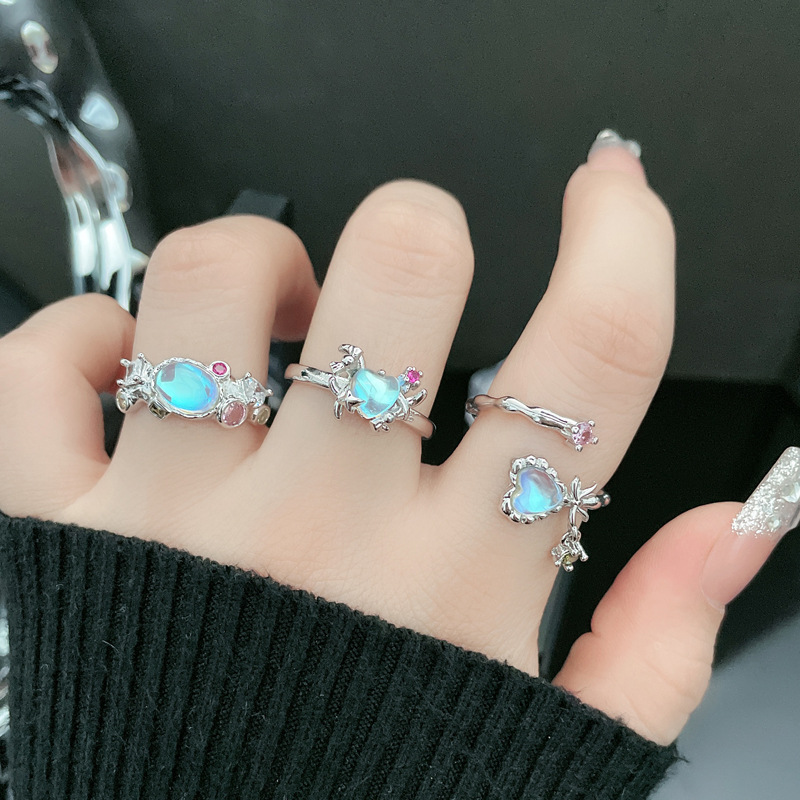 Sweetheart, colorful heart, bow, moonstone open ring, a sweet, cool, fashionable and cold style niche ring for female students details Picture