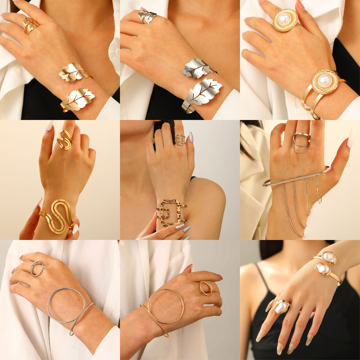A two-piece set of European and American cross-border geometric opening leopard print bracelet and ring, exaggerated and personalized adjustable jewelry set for women full figure