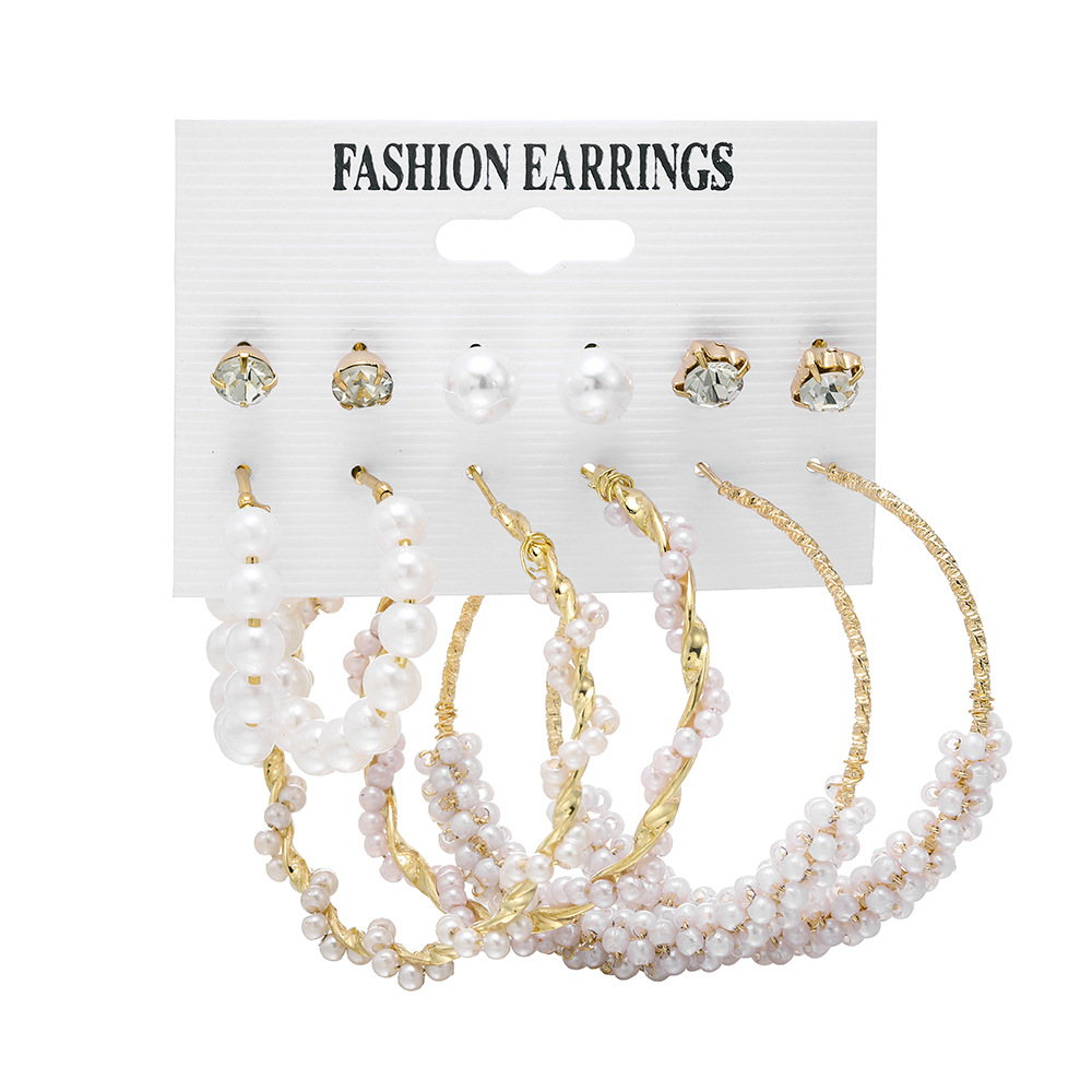 Korean jewelry world AliExpress cross-border pearl C-shaped earrings, triangular stud earrings, diamond-encrusted earrings, round set earrings Item Picture