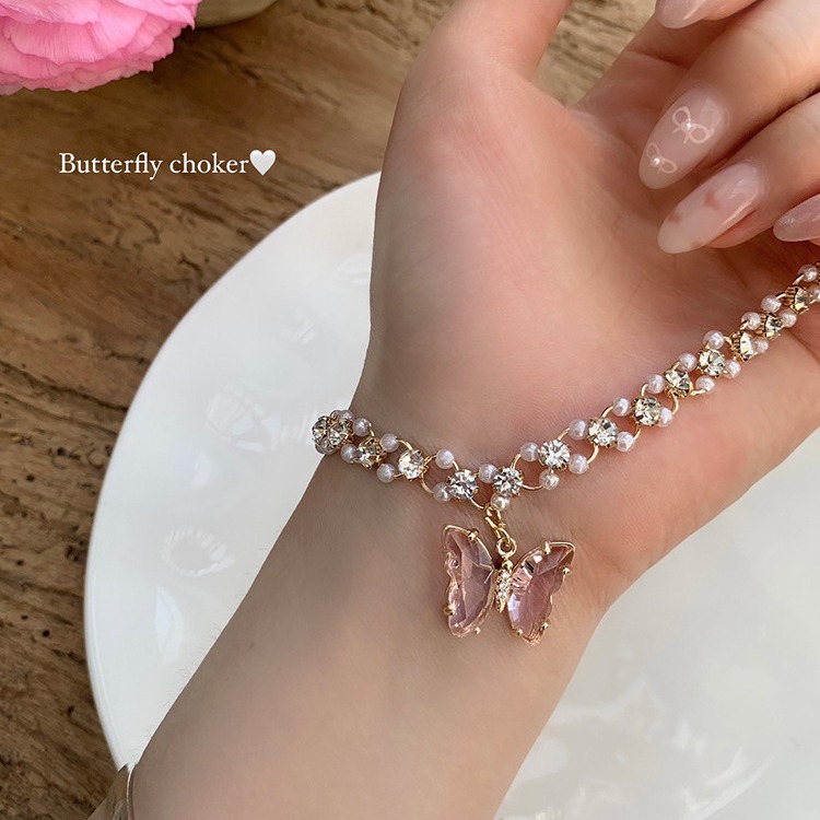 Summer rose quartz Butterfly choker necklace for women, new 2024 accessory, pearl necklace style collarbone chain details Picture