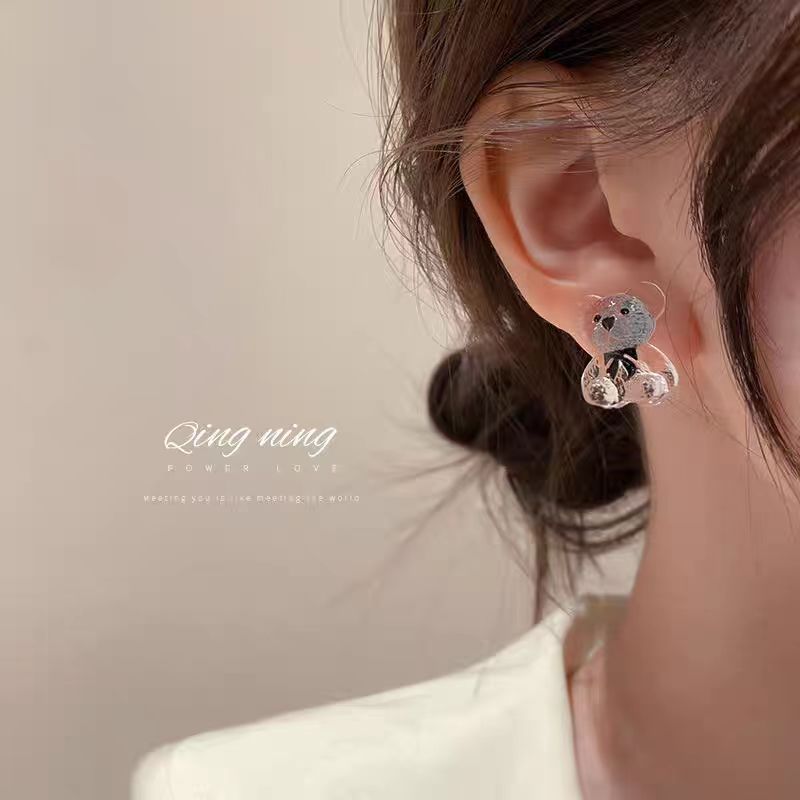 In 2025, sweet cartoon cute bear stud earrings for women on Instagram, trendy Korean style, unique and stylish design, versatile earrings details Picture