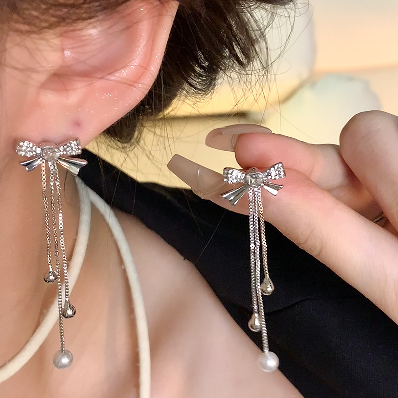 S925 Silver Needle Long Bow Pearl Earrings, women's light luxury exquisite Super shiny long Zircon stud earrings, best-selling earrings details Picture