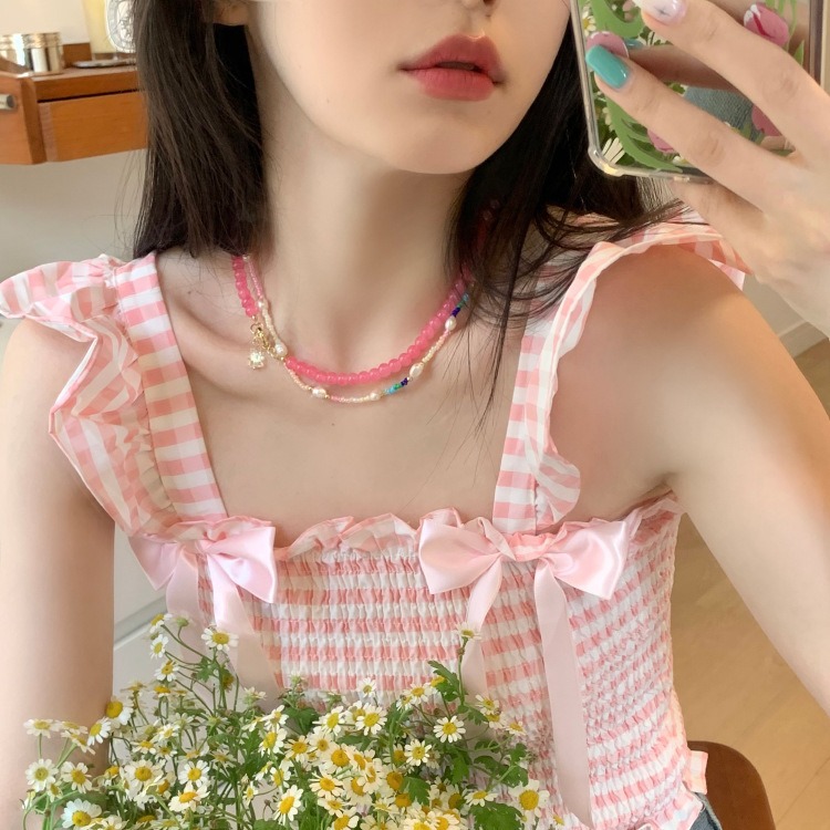 Pink glass bead necklace for women, 2024 new style, colorful bead, niche design, simple necklace accessory wholesale Application Scenario