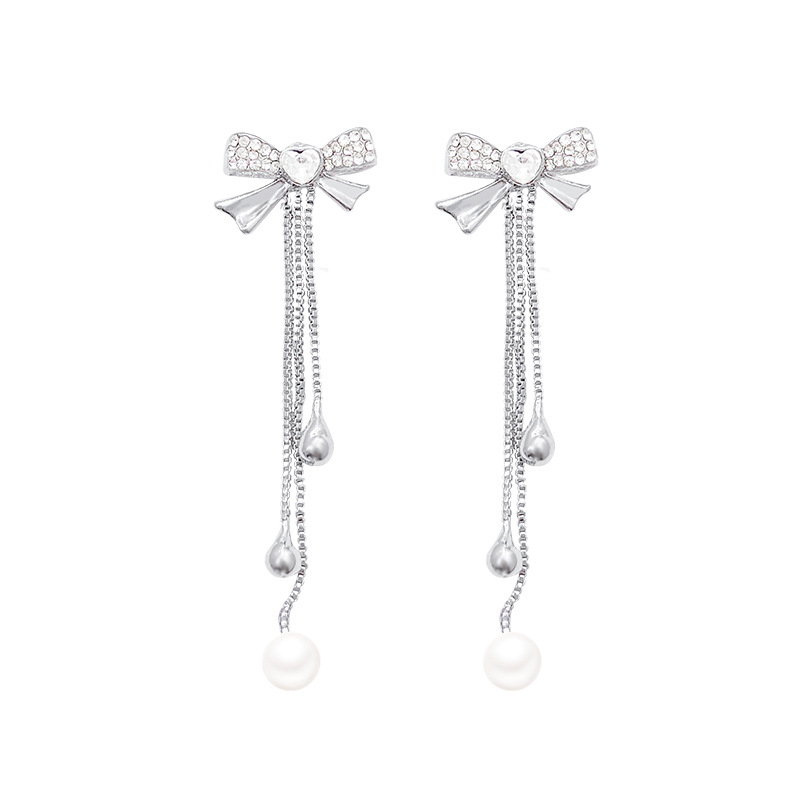 S925 Silver Needle Long Bow Pearl Earrings, women's light luxury exquisite Super shiny long Zircon stud earrings, best-selling earrings Item Picture