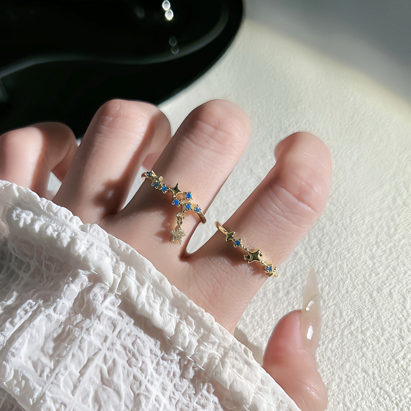 New Chinese-style fashionable blue star tassel open ring, a unique and niche design for women full figure