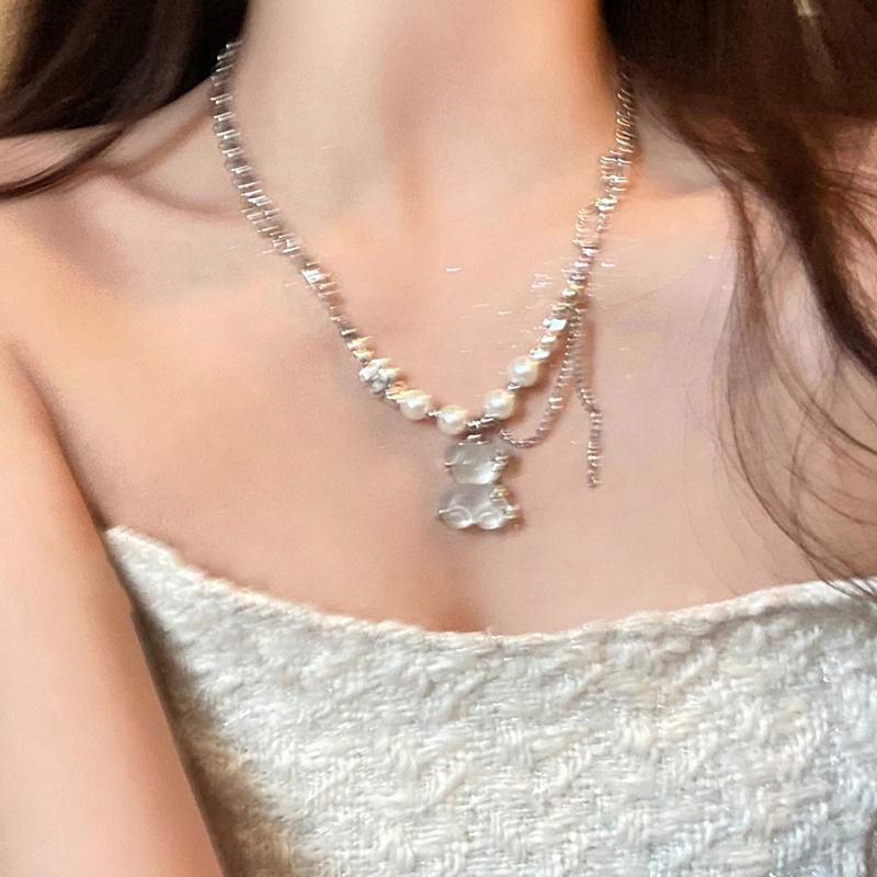 Pearl bear tassel patchwork necklace, a new trendy accessory for women in 2023, a hip-hop sweet and cool girl decoration collarbone chain Specification drawing