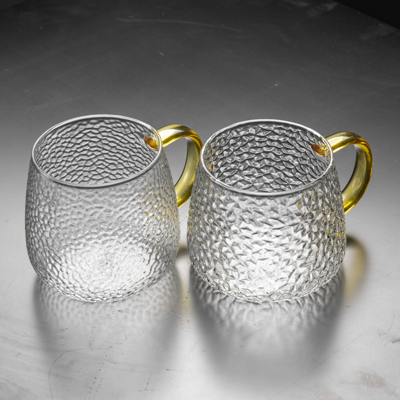 High-temperature resistant glass cups, household Mark milk coffee flower tea cups with handles, high appearance level, hammered glass water cups full figure