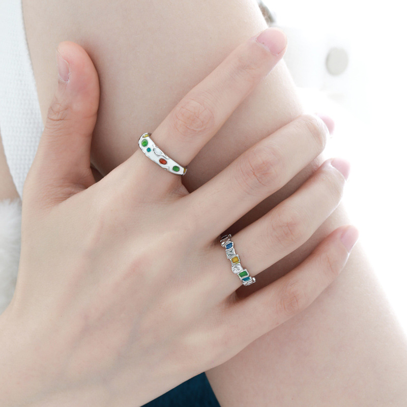 Irregular square, colorful drip glaze, niche design, open ring, women's Instagram, cold style, high-end style, food ring trend details Picture