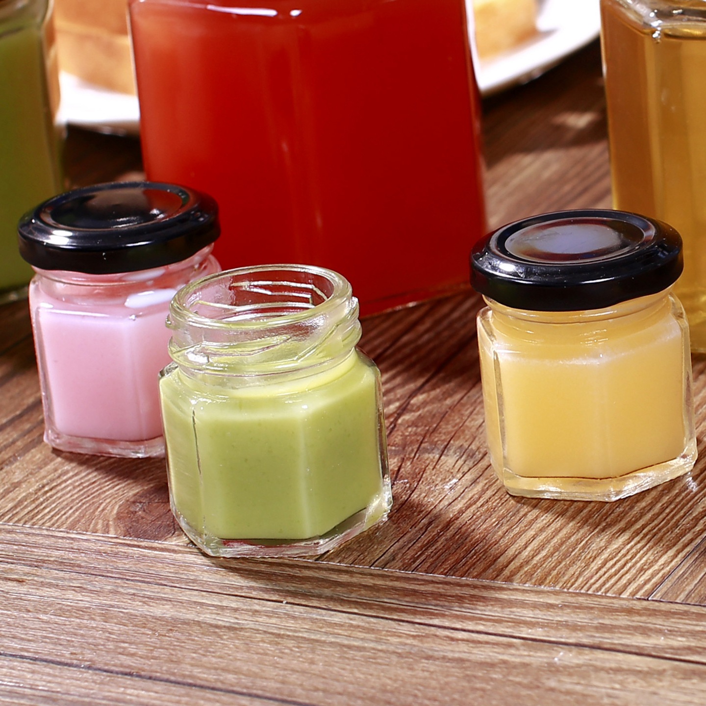 Glass bottle for pickles, hexagonal glass bottle for jam, fermented bean curd, chili sauce, honey, hexagonal bottle Specification drawing