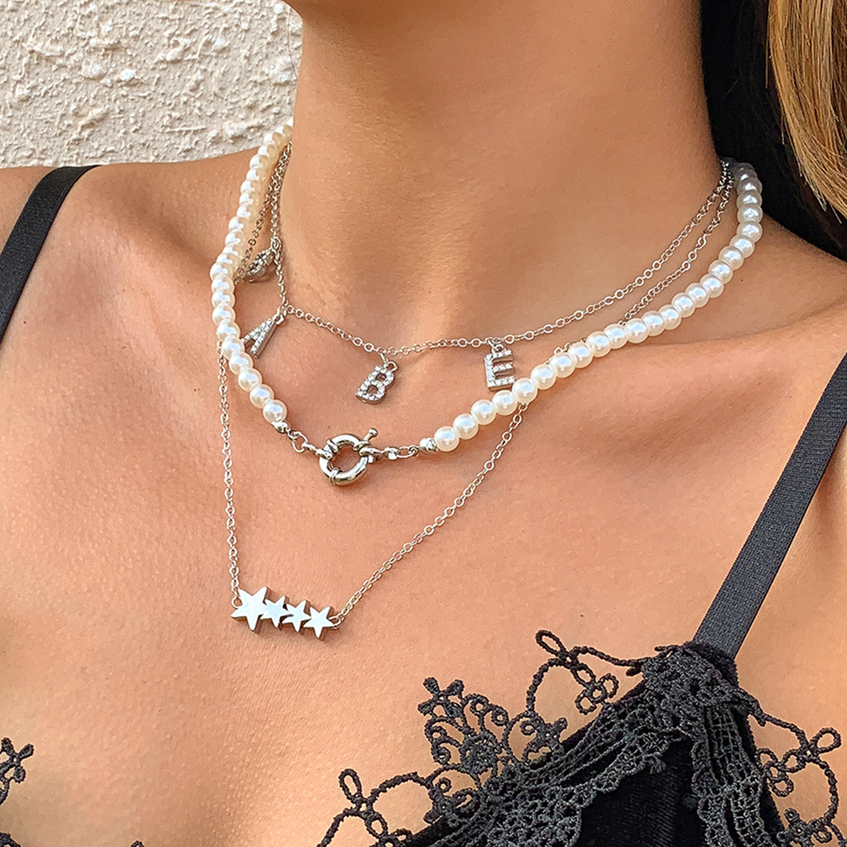 European and American cross-border jewelry, retro mixed and matched imitation pearl chain necklace, studded with water diamonds, star-shaped letters, stacked necklaces for women details Picture