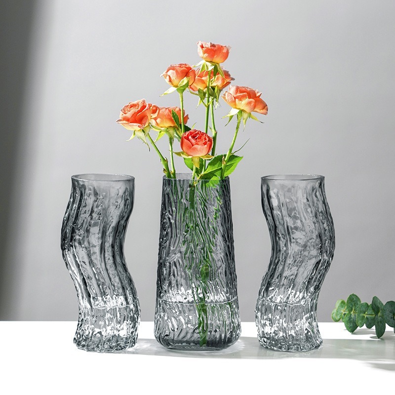 European-style glacier pattern InS-style transparent glass vase, hydroponic rose dried flower vase, fresh small-mouthed vase, living room decoration full figure