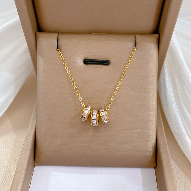 【 All-titanium Steel 】 Three-ring diamond-encrusted mini waist minimalist style furnace real gold necklace, female Instagram Internet celebrity collarbone chain full figure