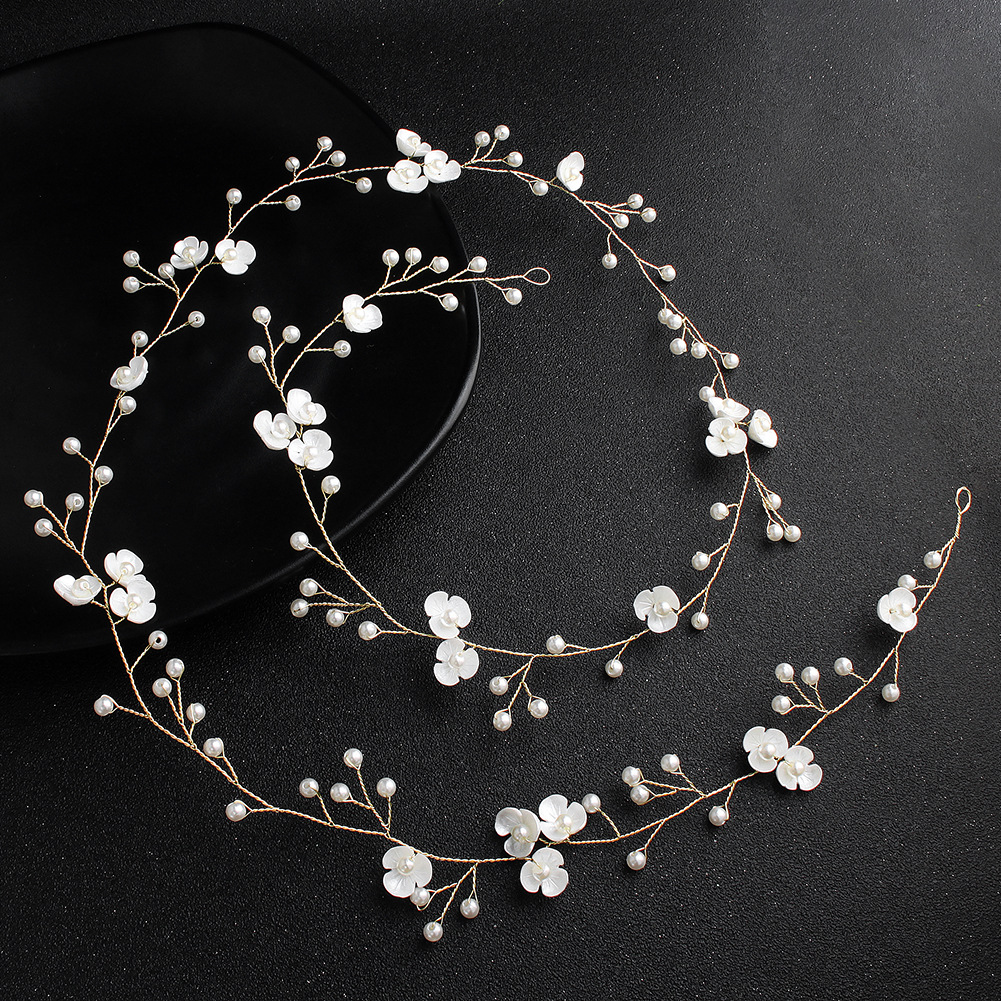 New simple and elegant European and American handcrafted bride headband, one-meter-long flower pearl headband, cross-border bride headwear full figure