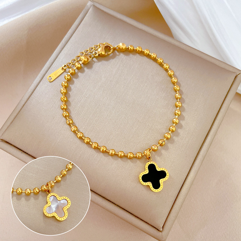【 All-titanium Steel 】 Dongdamen's unique and elegant forest-themed clover round bead bracelet, a retro female Internet celebrity's best friend details Picture
