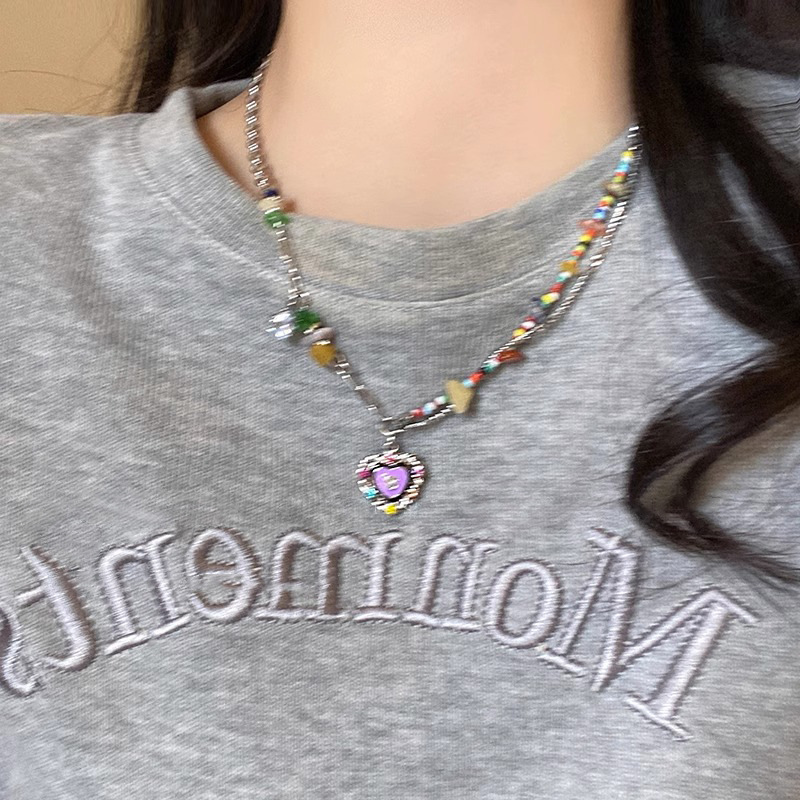 Seven-color stone heart-shaped glazed necklace for women's summer 2023, a new niche accessory, a sweet and cool hot girl collarbone chain Specification drawing