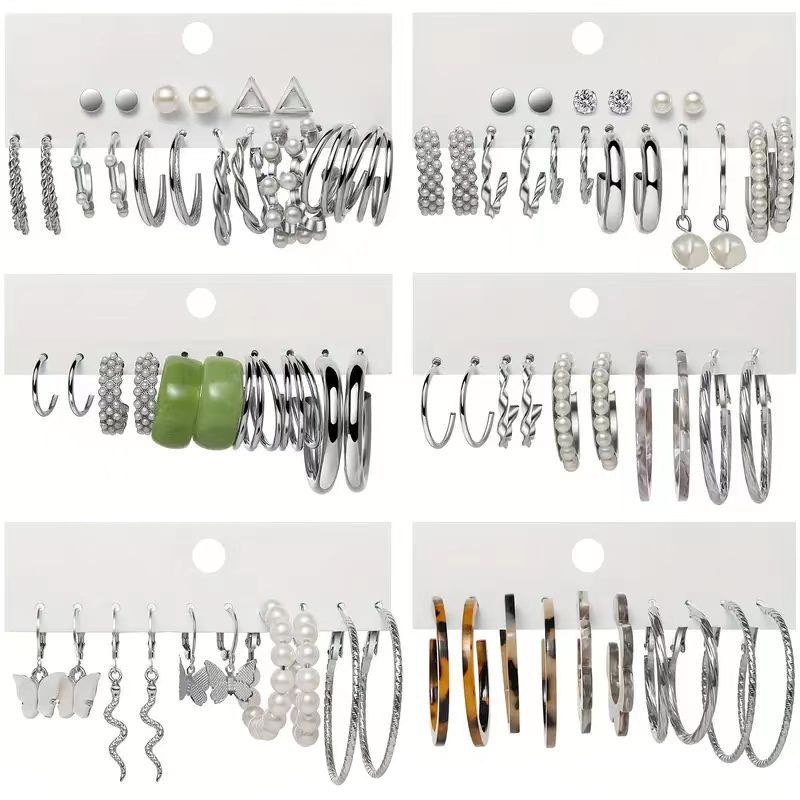 Cross-border source fashion combination earrings, simple 38-pair creative butterfly pearl stud earrings set Item Picture