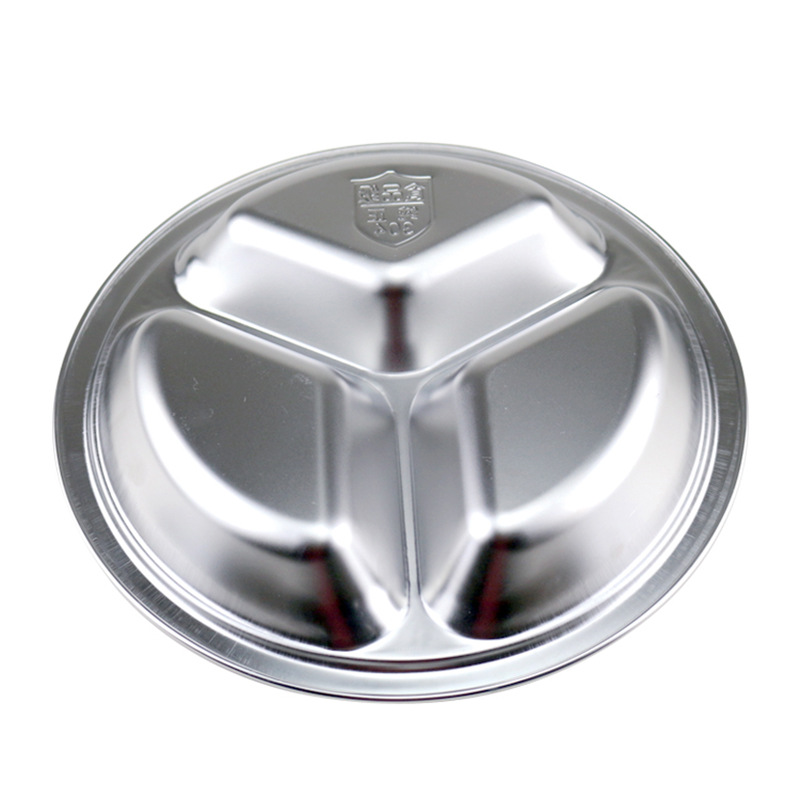 Thickened and deepened circular compartmented fast food plate for students, children and kindergartens, engraved logo, 304 stainless steel fast food plate Application Scenario
