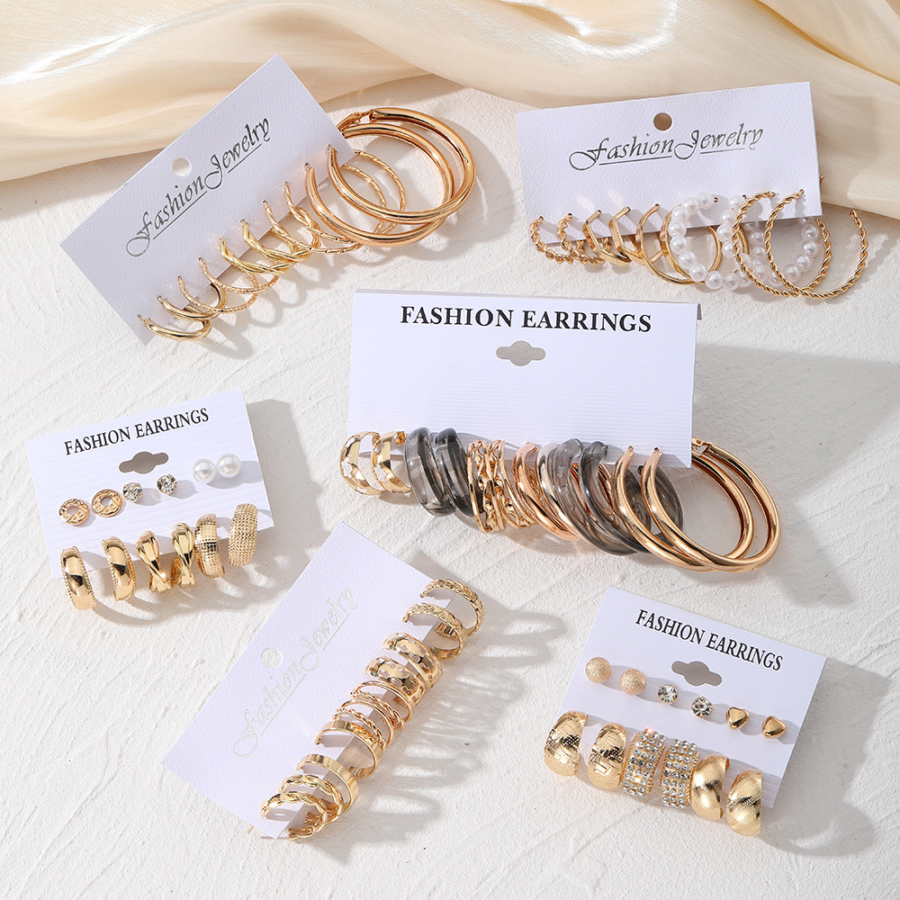 A set of 6-piece cross-border artistic retro geometric hammered pattern earrings from Europe and America, creative heart-shaped diamond-encrusted metal earrings Specification drawing
