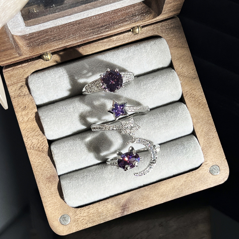 Korean internet-famous light luxury purple diamond French sweet and cool star opening ring, a fashionable and versatile ring for women's little rabbit Specification drawing