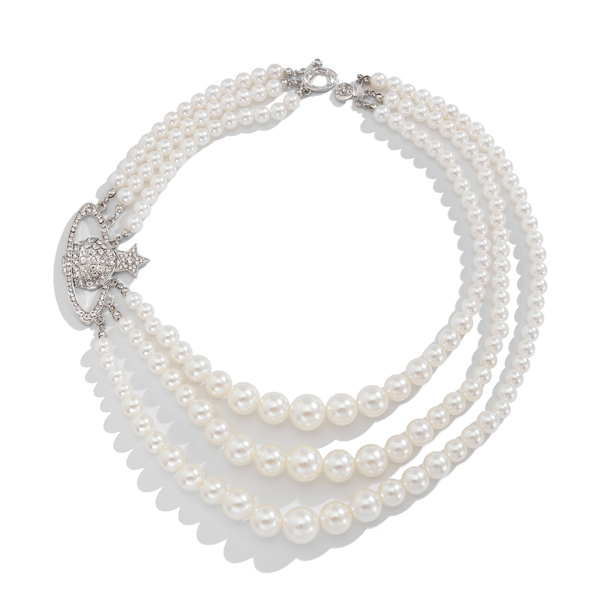 European and American cross-border jewelry, fashionable imitation pearl multi-layer necklace, light luxury style alloy beaded collarbone chain for women Item Picture