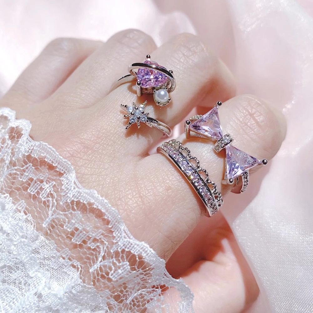 Japanese-style pink bow, heart-shaped lace ring, adjustable opening, micro-inlaid zircon, hollowed-out sweet and cool ring, trendy and cool details Picture