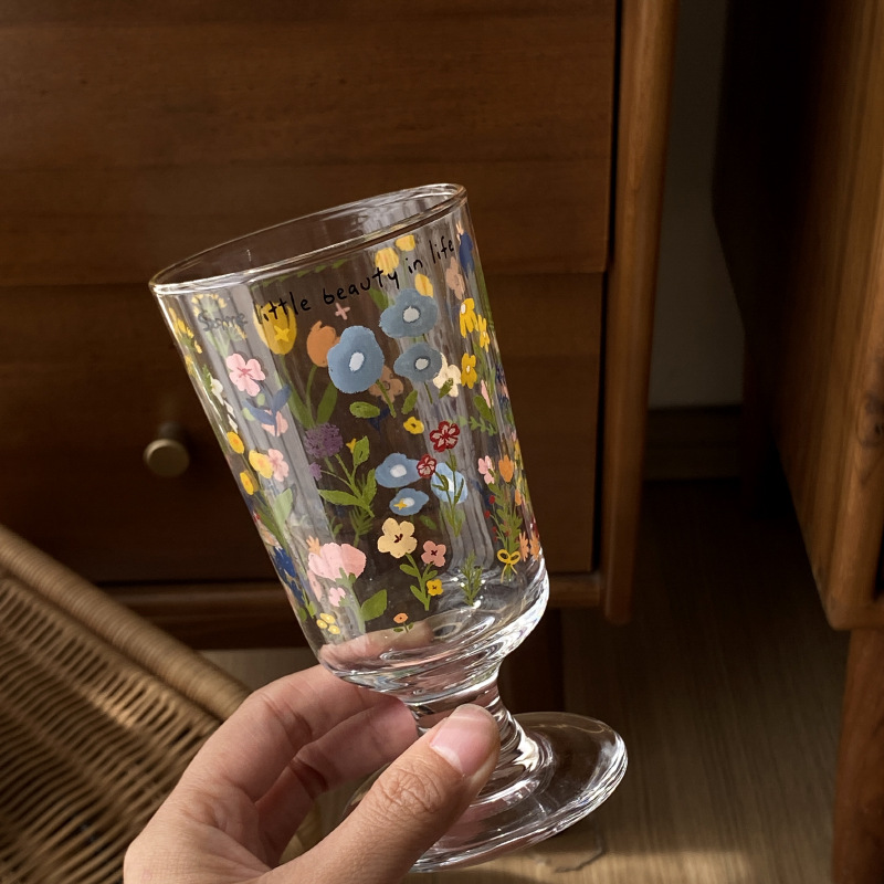 Retro French romantic tall glass, spring flower glass cup, dessert cup, niche and simple milk cup, heat-resistant Item Picture