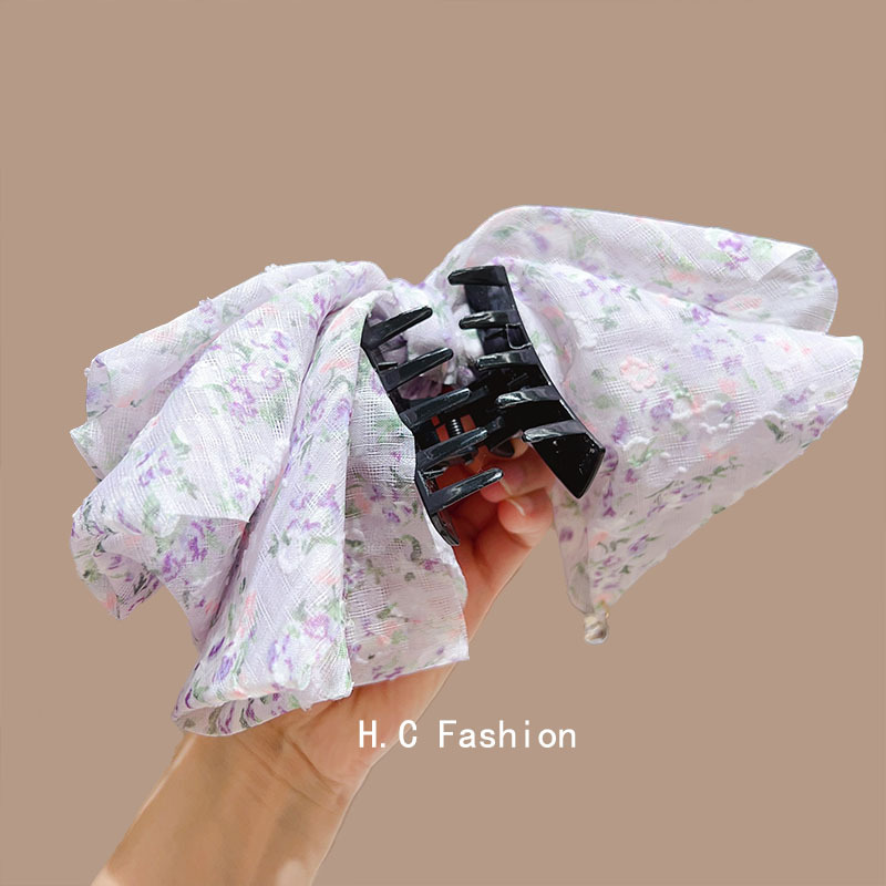 Dreamy purple floral patterns from Japan and South Korea, flowing large bows, beaded ponytail hair clips, half-tied hair accessories and hair clips Specification drawing